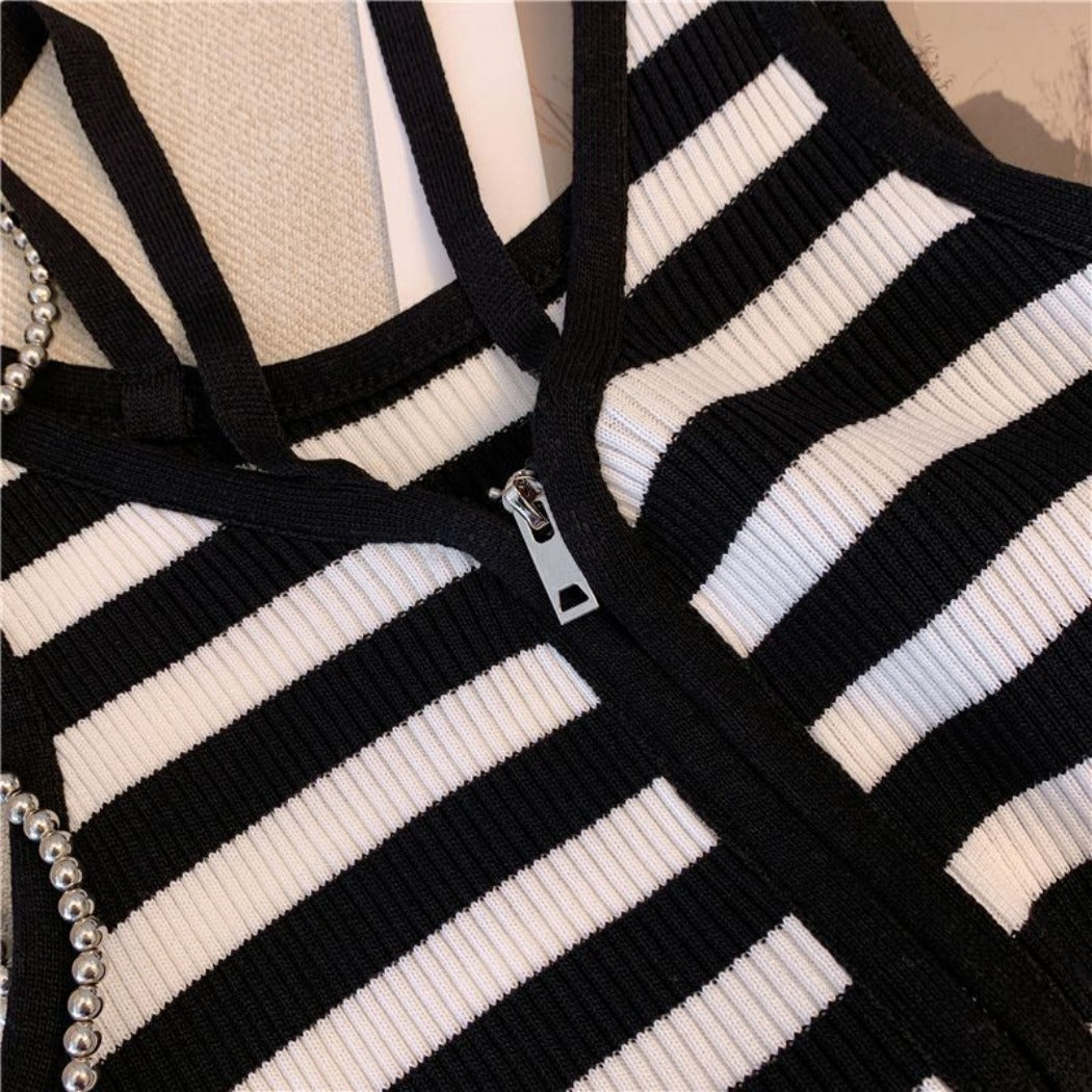 Vesty - Striped Zip-Up Sleeveless Top