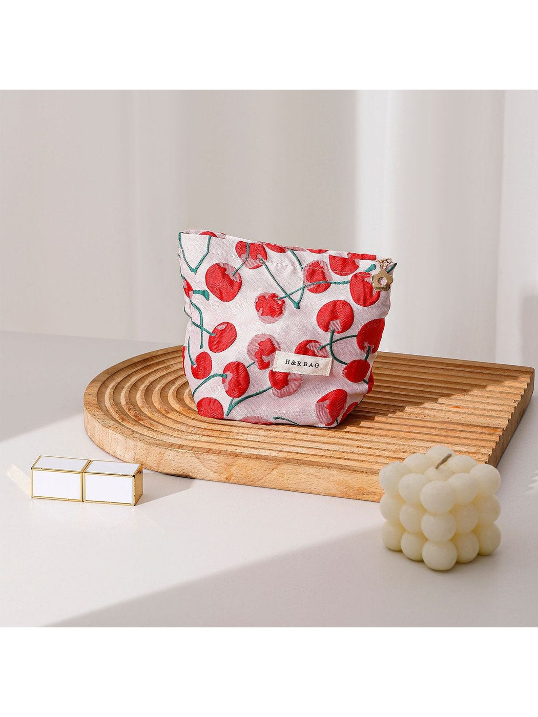 Cosbai - Red Cherry Print Handheld Makeup Bag