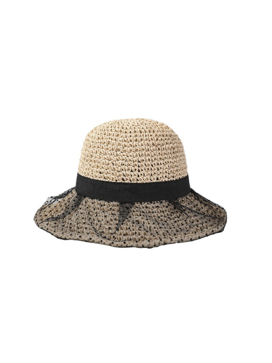 Side view of Haila black lace overlay straw look hat showing lace detail