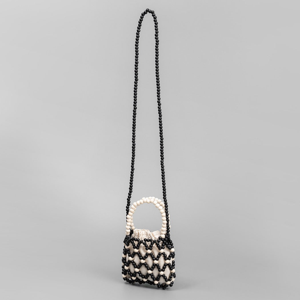 Cosbai - Color-Blocked Wooden Bead Crossbody Bag