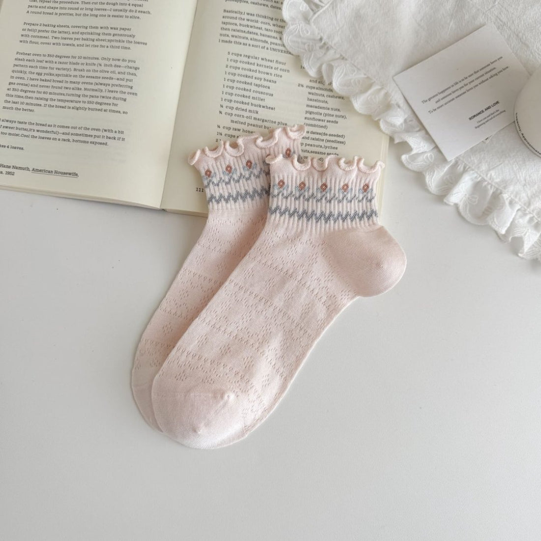 Rufia Sweet Frill Cuff Crew Socks folded to display frill cuff and soft fabric