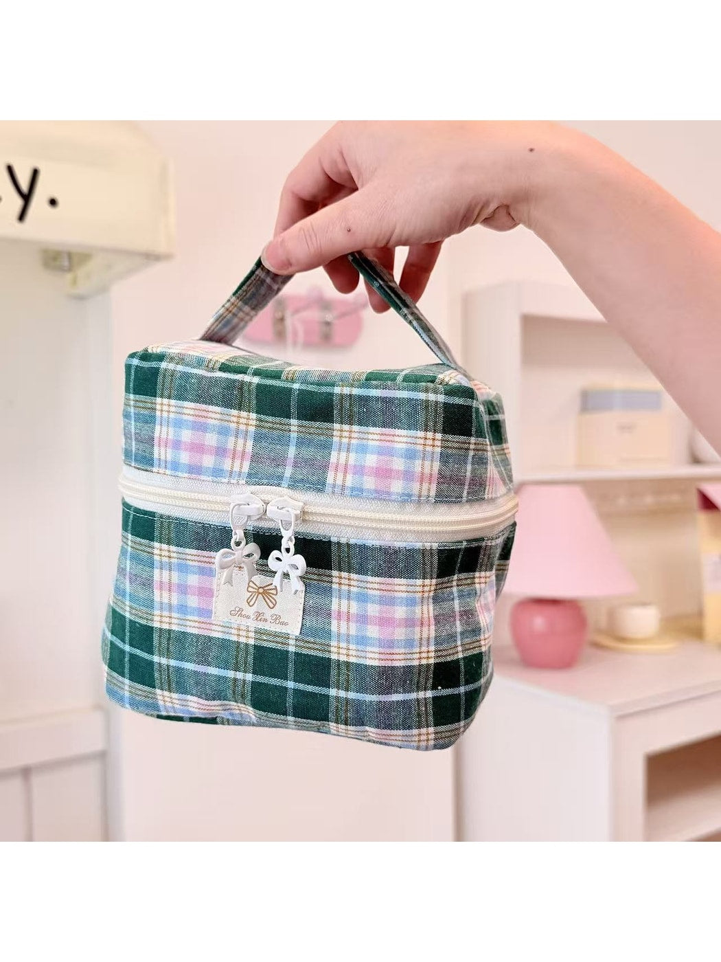 Cosbai - Cute Candy-colored Plaid Cosmetic Organizer Bag