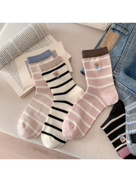 Rufia - Bear Embroidered Striped Crew Socks