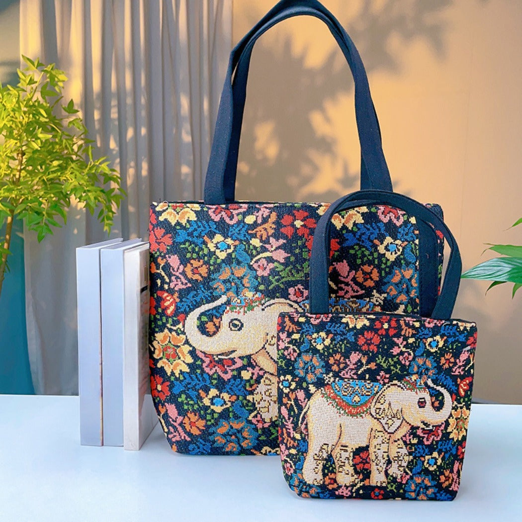 Cosbai - Blue Floral Elephant Tote Bag - Practical & Durable