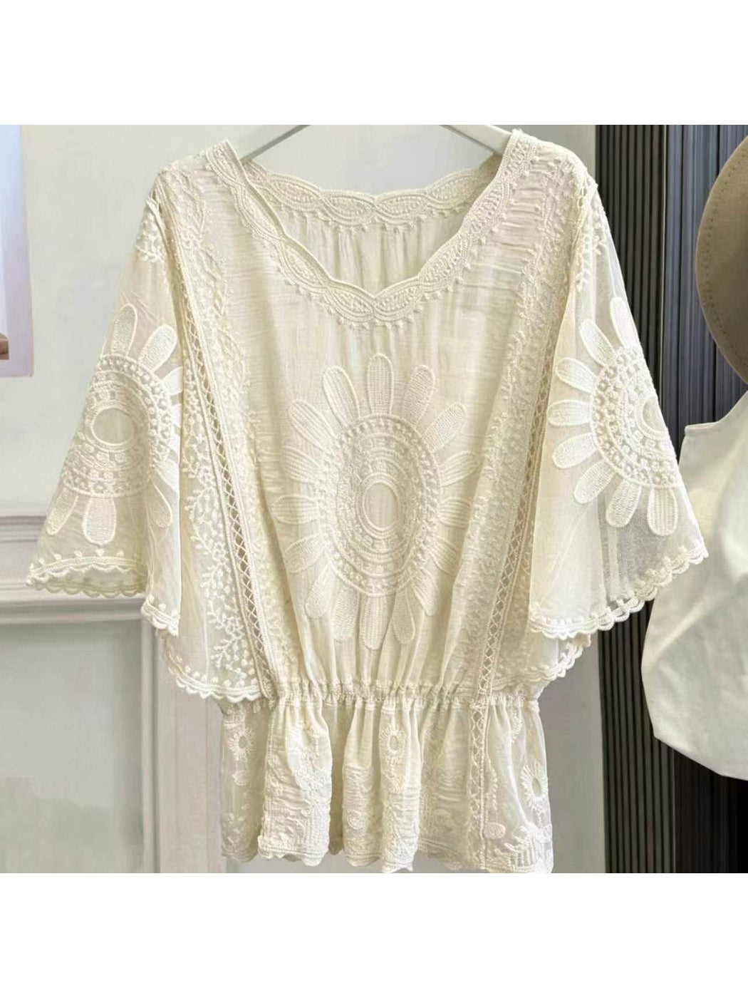 Crosa - Solid Color Lace Embroidered Cover Up