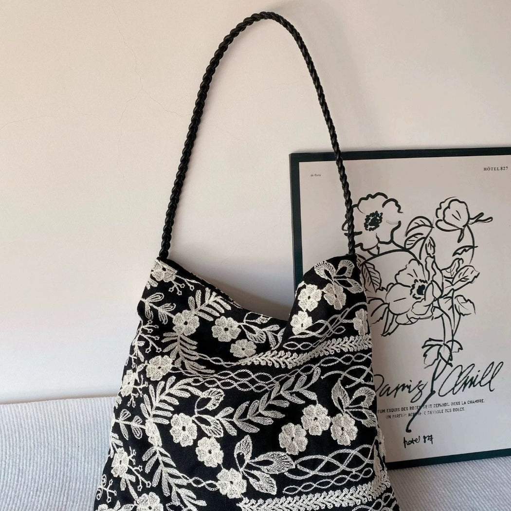 Cosbai - Embroidered Flower Shoulder Tote Bag - Basic & Simple