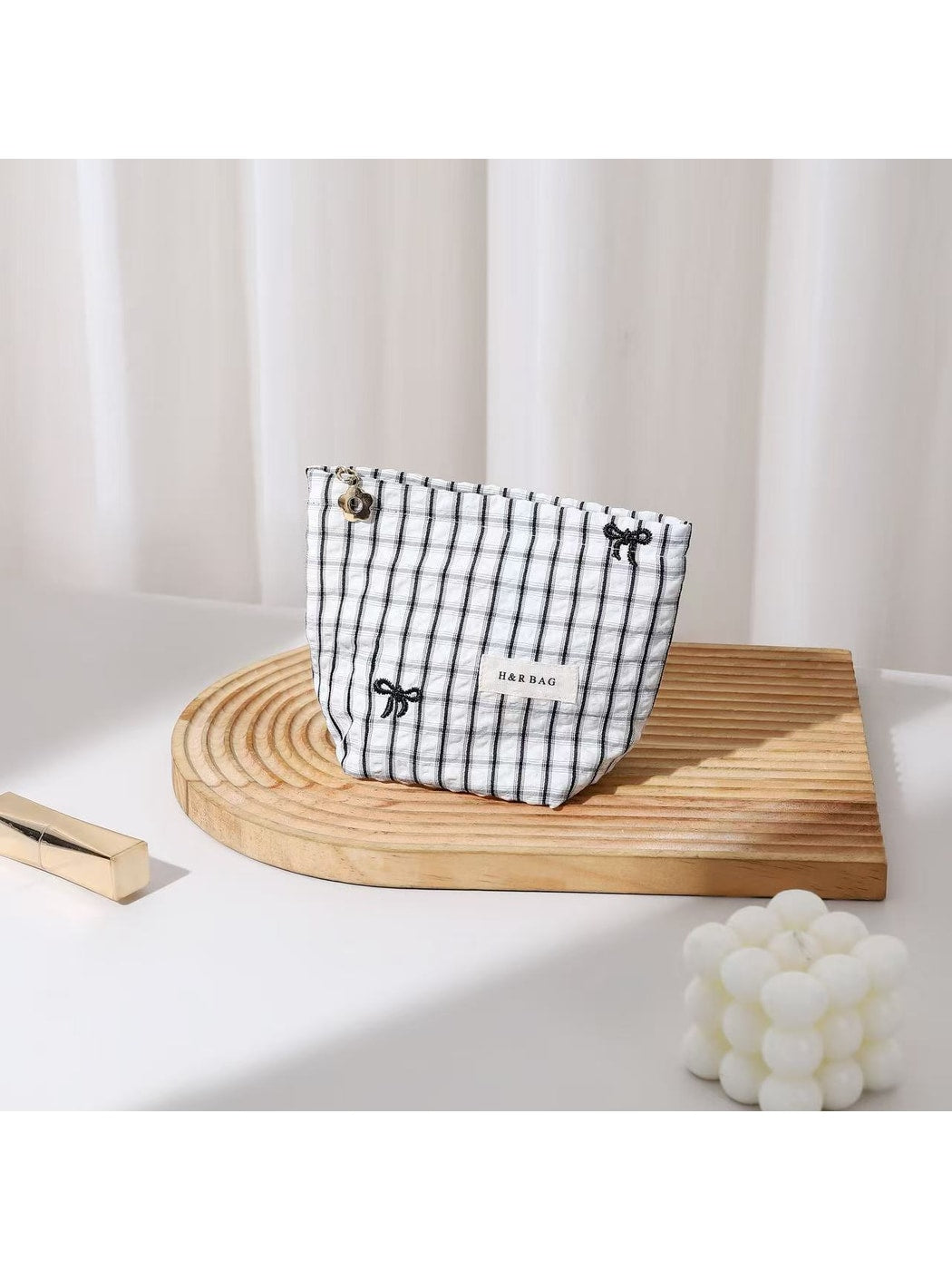 Cosbai - Checked Bow Embroidered Makeup Bag Pouch