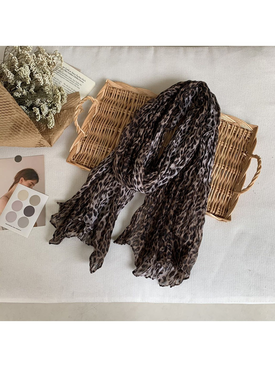 Scarvii - Crinkle Textured Scarf Shawl with Leopard Print
