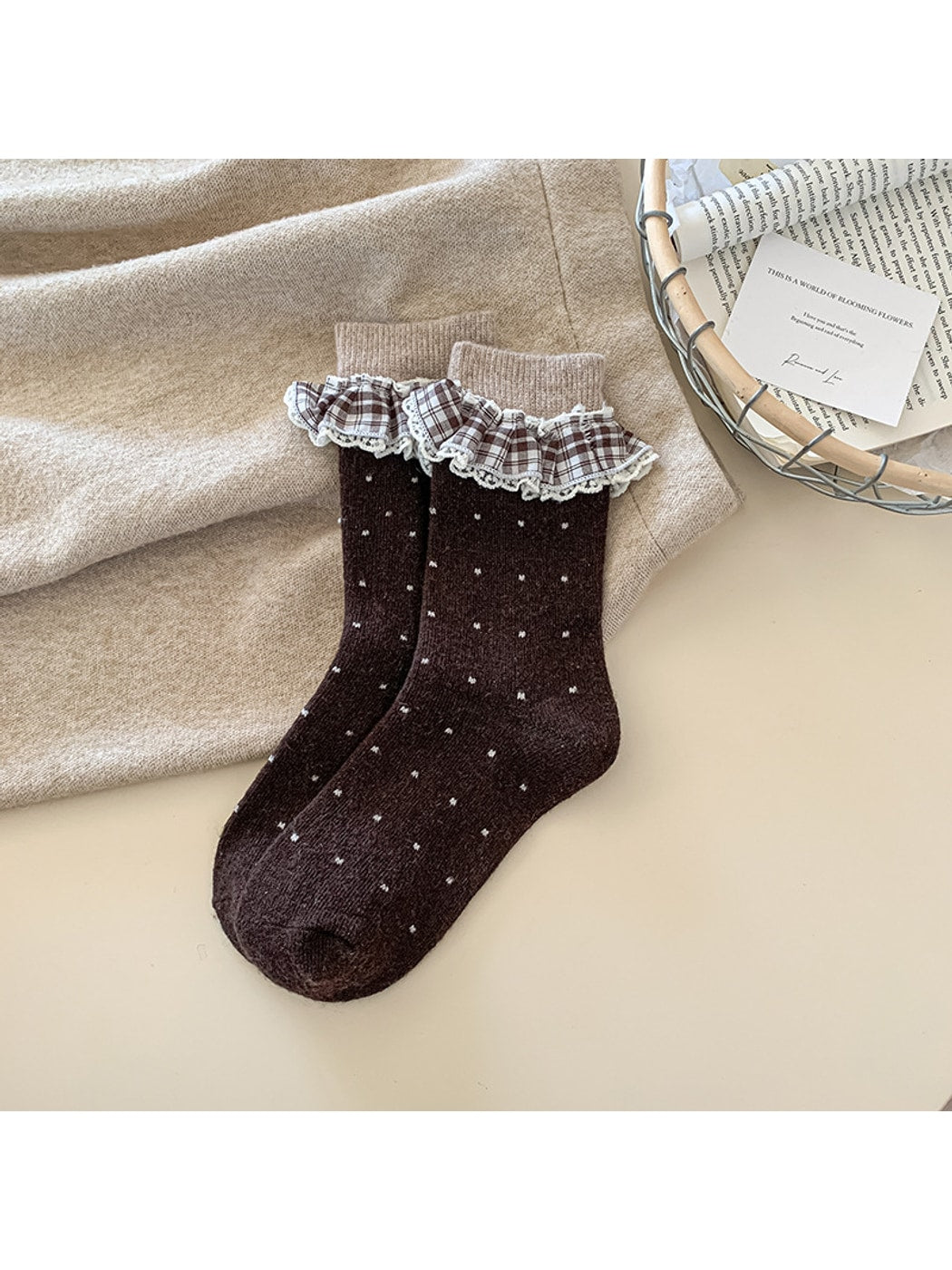 Rufia - Polka Dot Lace Ruffle Trim Crew Socks