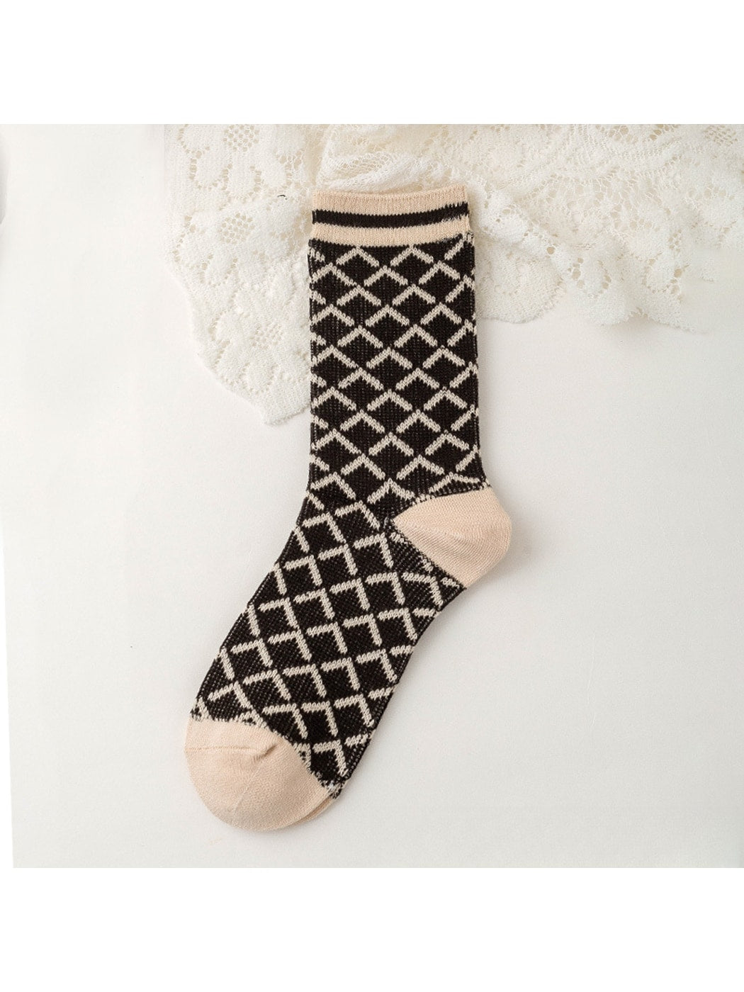 Rufia - Retro Khaki Geometric Pattern Crew Socks