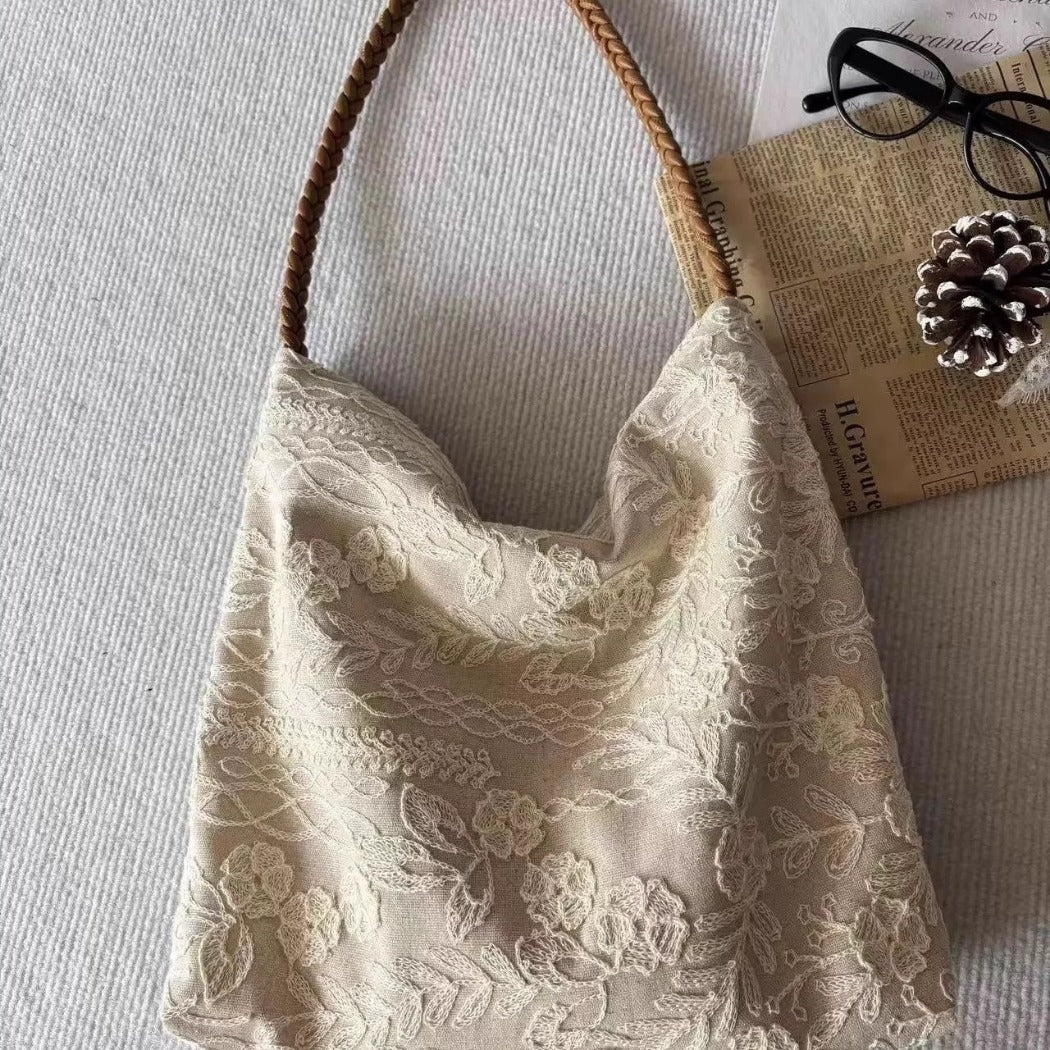 Cosbai - Embroidered Flower Shoulder Tote Bag - Basic & Simple