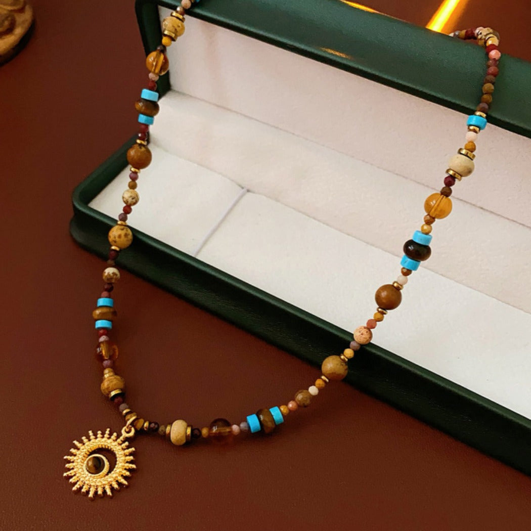 Bauai - Vintage Sun Pendant Beaded Necklace - Boho & Unique