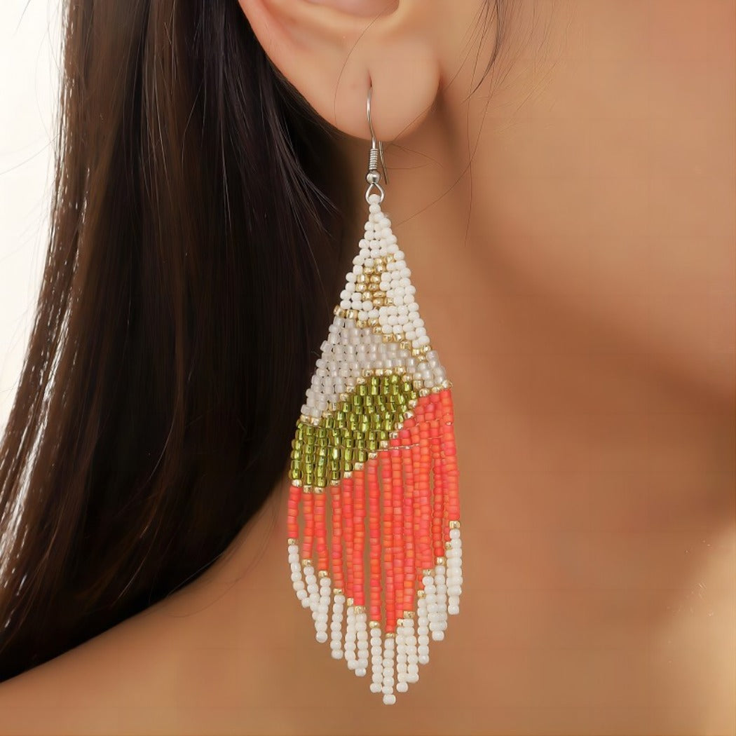 Earwish - Boho Orange & White Beaded Tassel Earrings - Playful & Blod