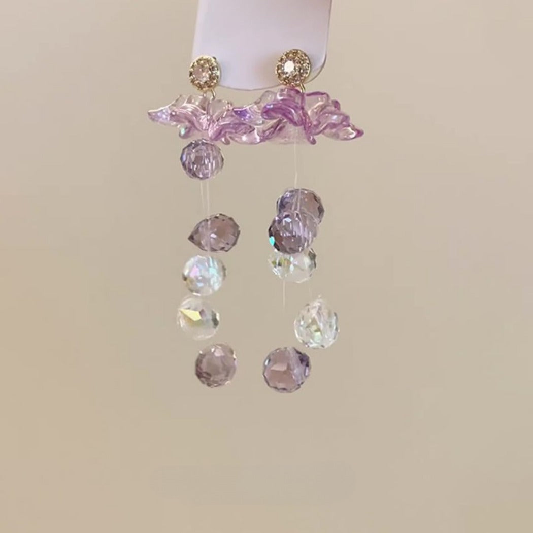 Earwish - Purple Floral & Long Beaded Fringe Earrings - Delicate