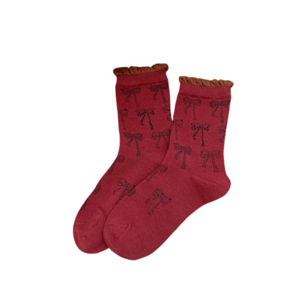 Rufia - Retro Doodle Bow Crew Socks - Sweet & Stylish