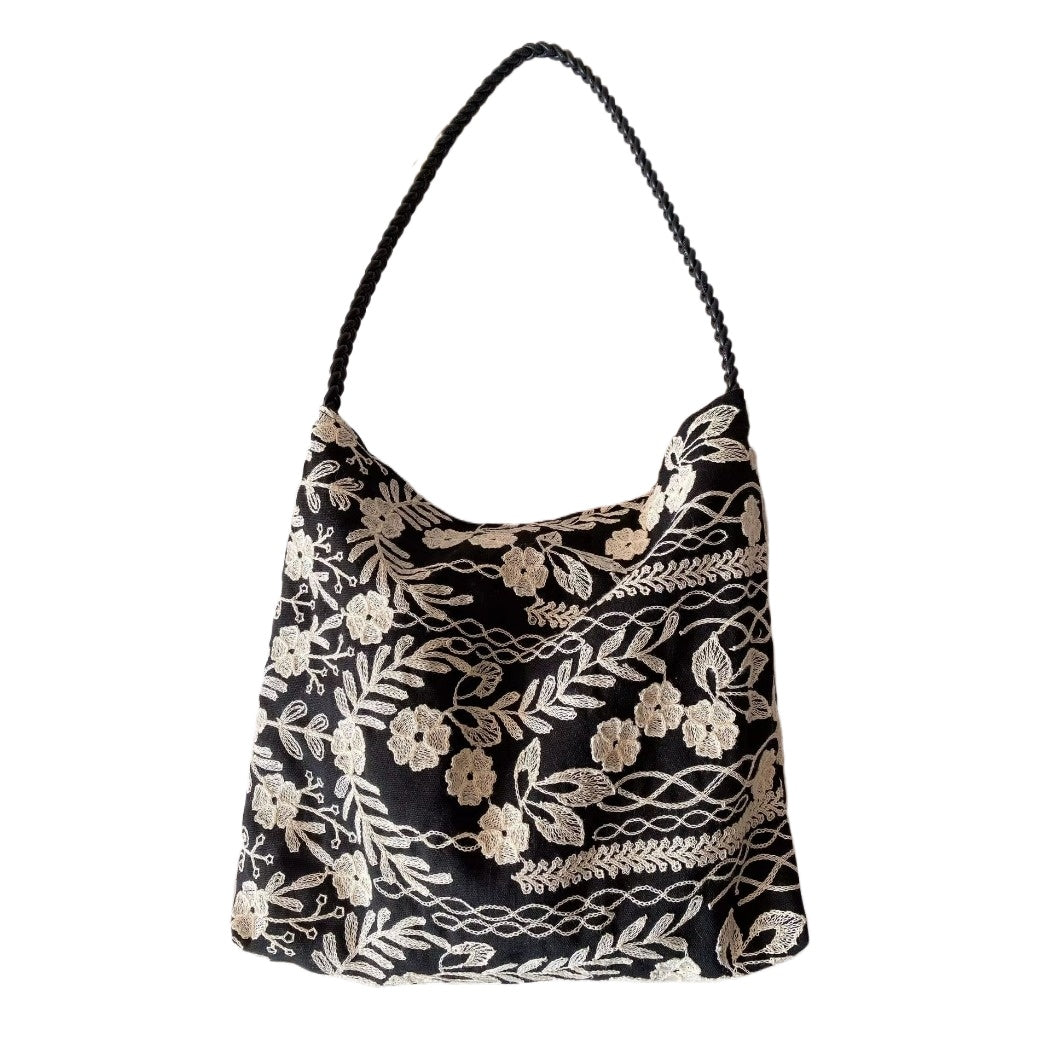 Cosbai - Embroidered Flower Shoulder Tote Bag - Basic & Simple