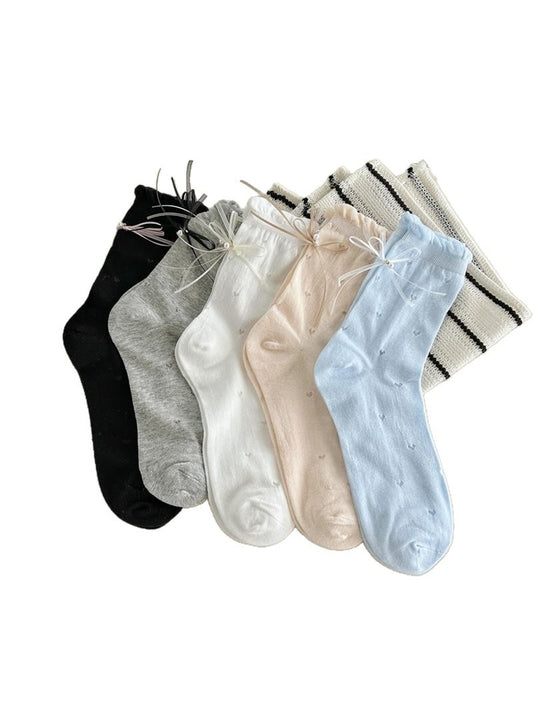 Rufia - Solid Color Heart Embossing Bow Crew Socks