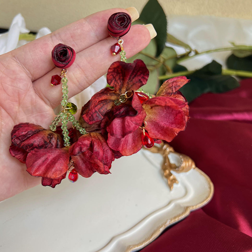 Red Sheer Floral Tassel Earrings