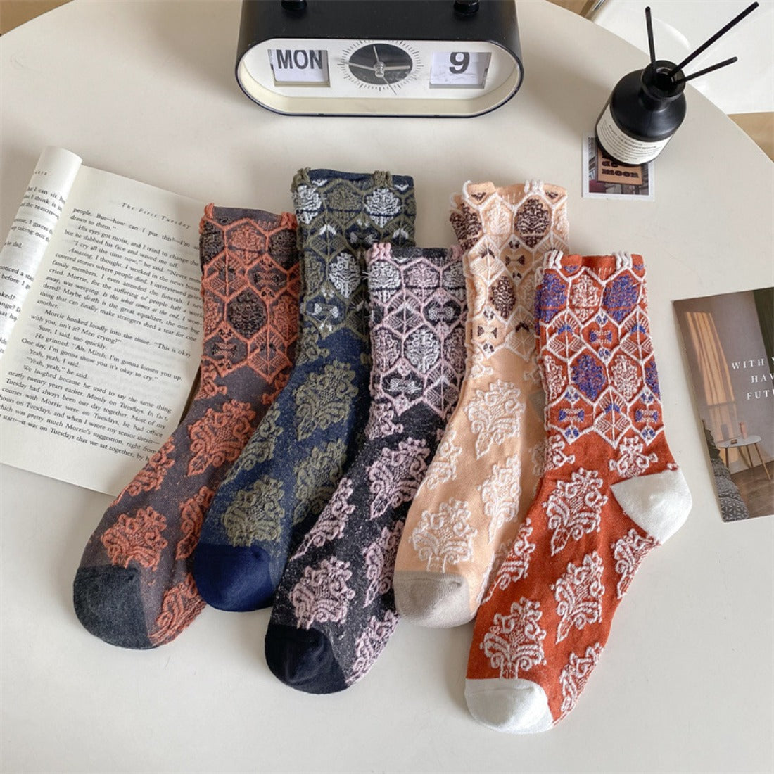 Rufia - Vintage Court Style Embossed Floral Mid-Calf Socks