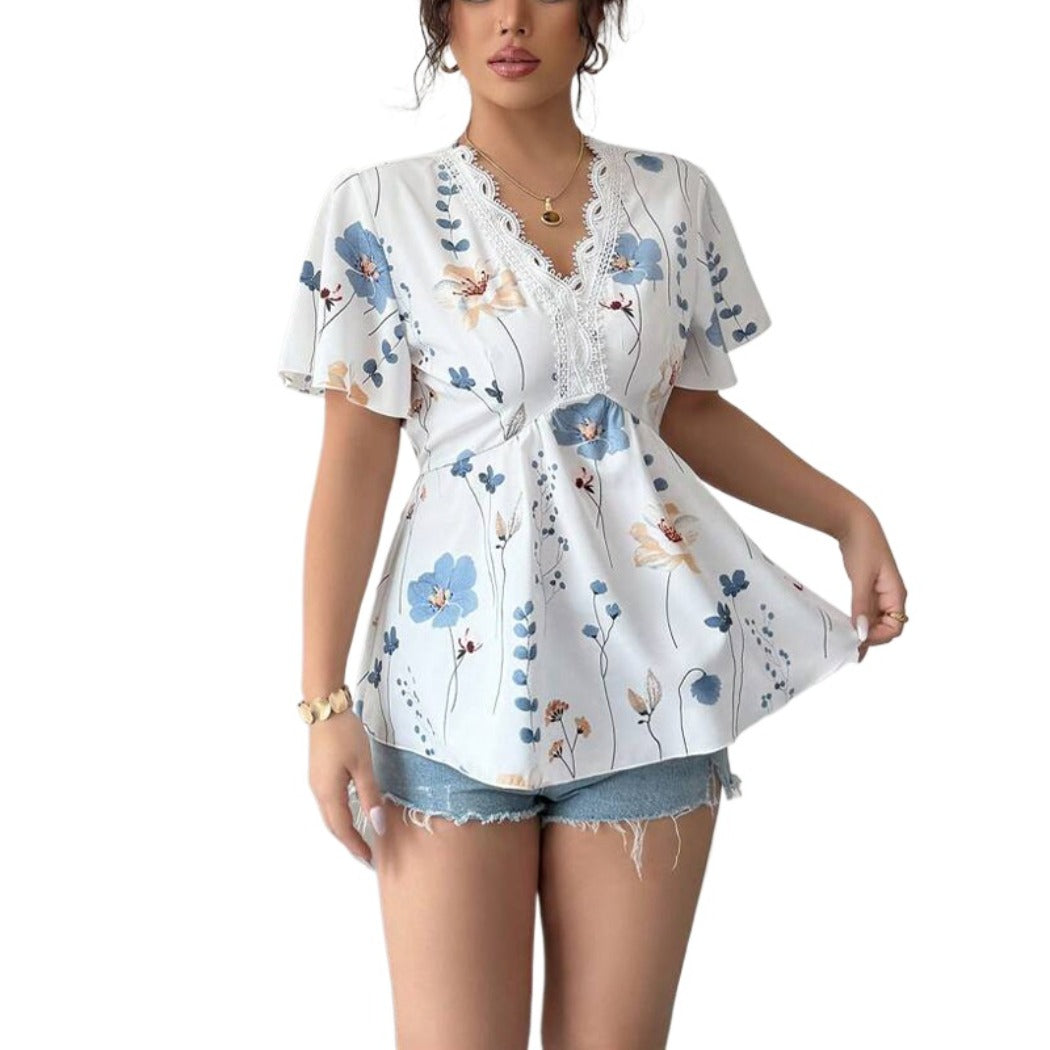 Troposa - Floral V-Neck Peplum Blouse - Summer Ready