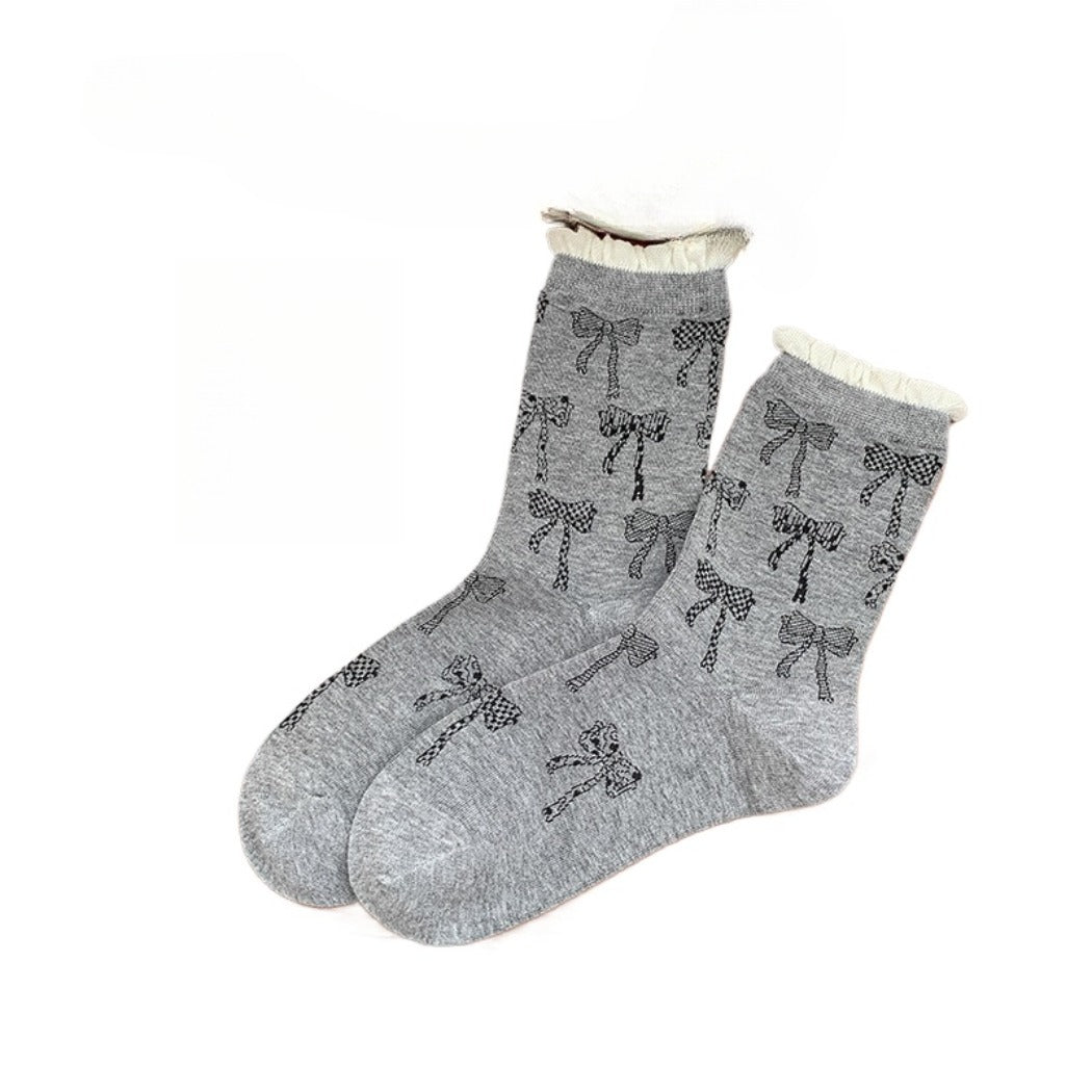 Rufia - Retro Doodle Bow Crew Socks - Sweet & Stylish