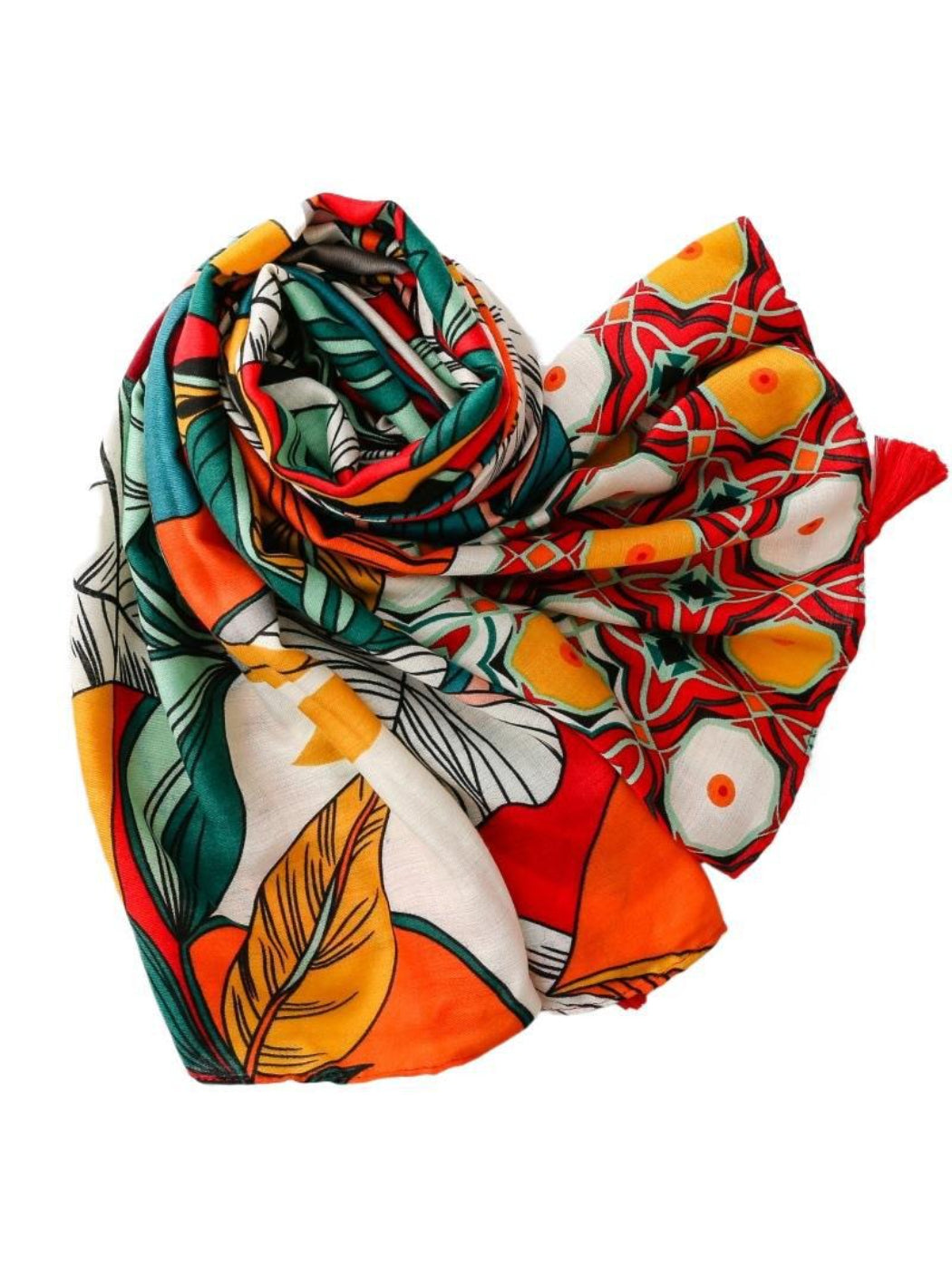 Scarvii scarf draped over shoulder highlighting colorful tropical print and tassels