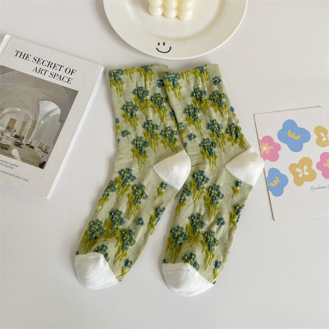 Rufia - Embossed Floral Colorblock Mid-Calf Socks