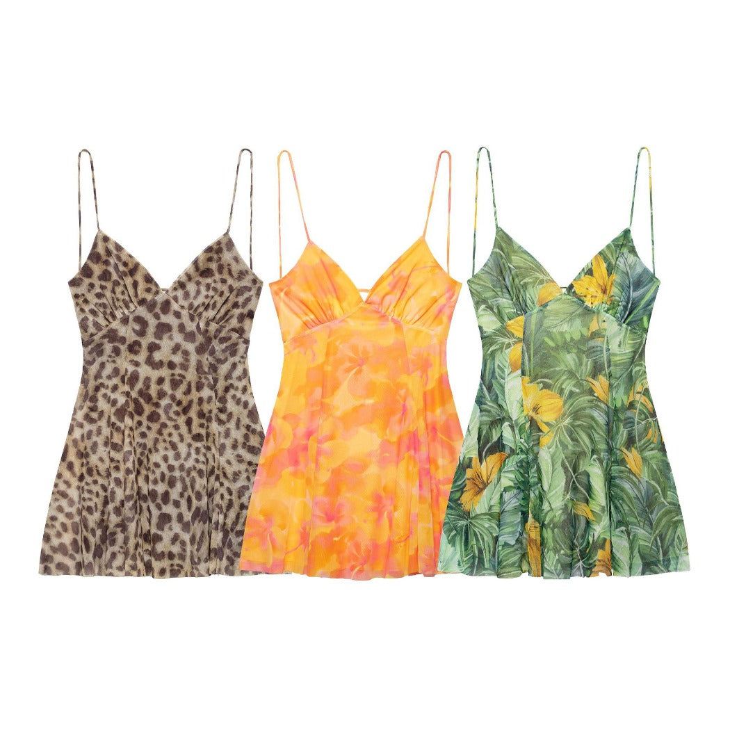 Troposa - Backless Mini Dress - Floral & Leopard & Leaf