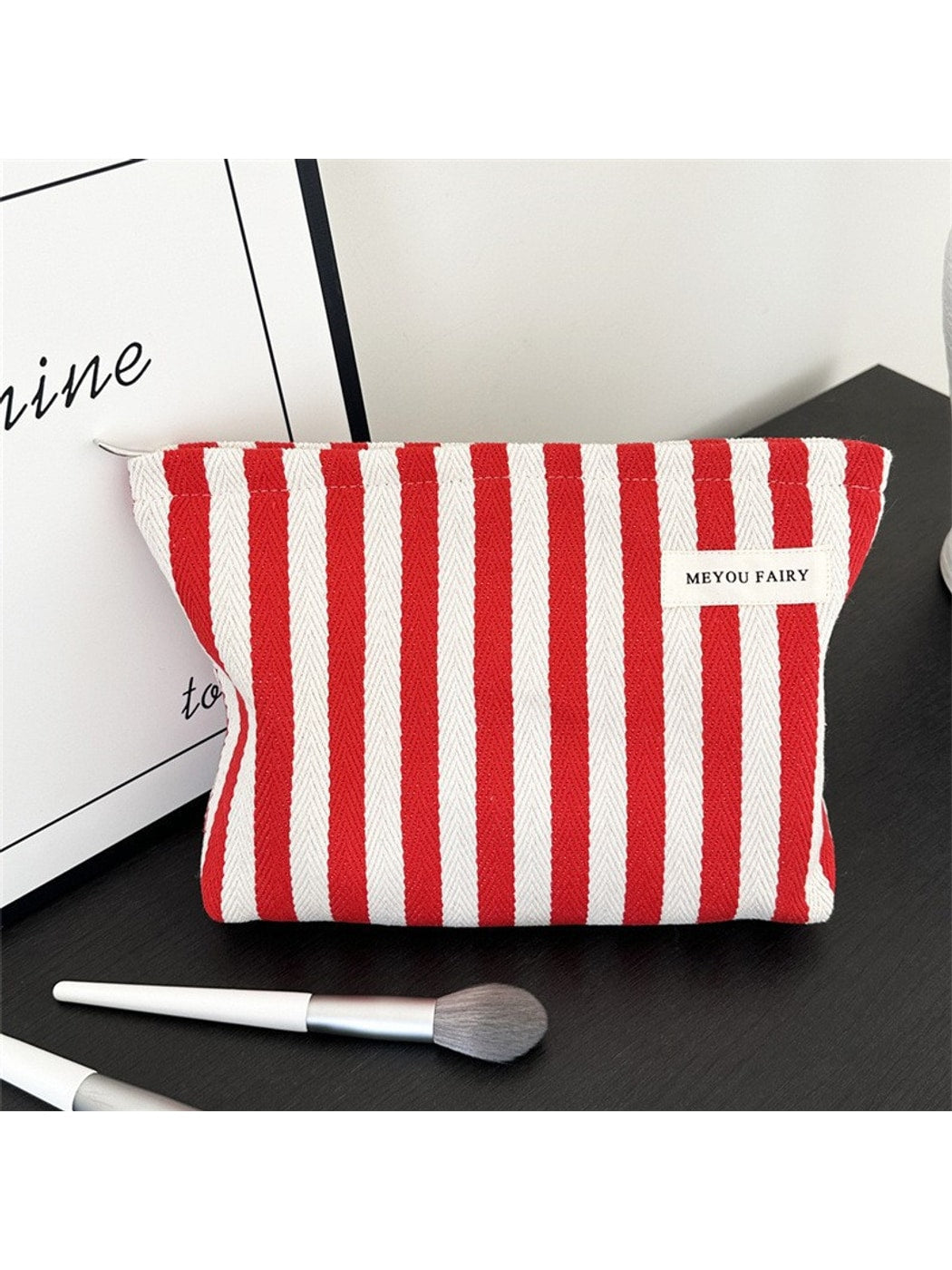 Cosbai - Striped Rectangular Zipper Makeup Bag