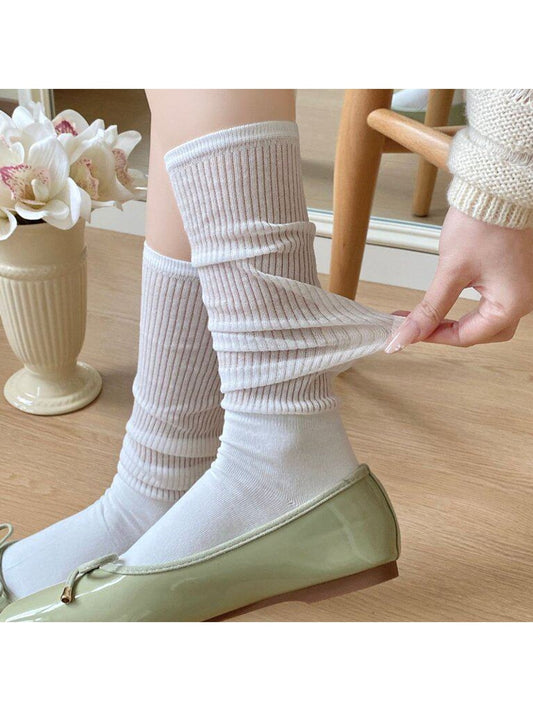 Rufia - Solid Color Ribbed Knee-high Socks