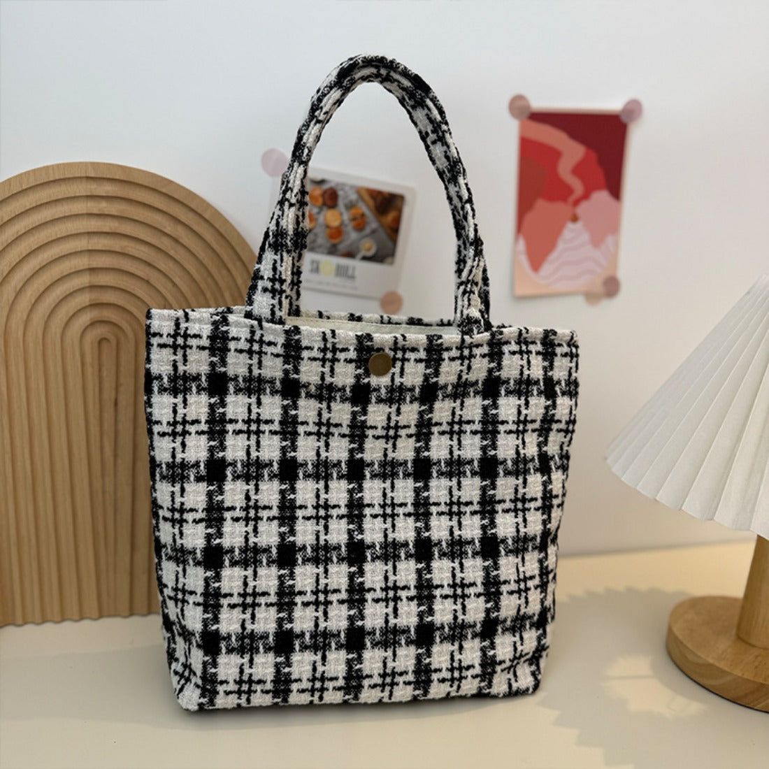 Cosbai - Minimalist Black & White Checkered Tote Bag