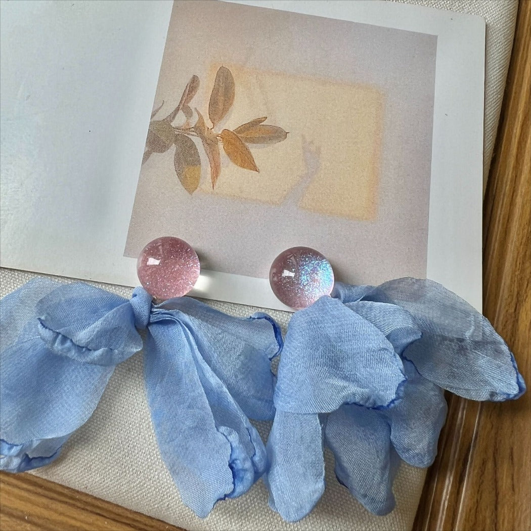 Earwish - Delicate Soft Blue Petal Earrings With Bead
