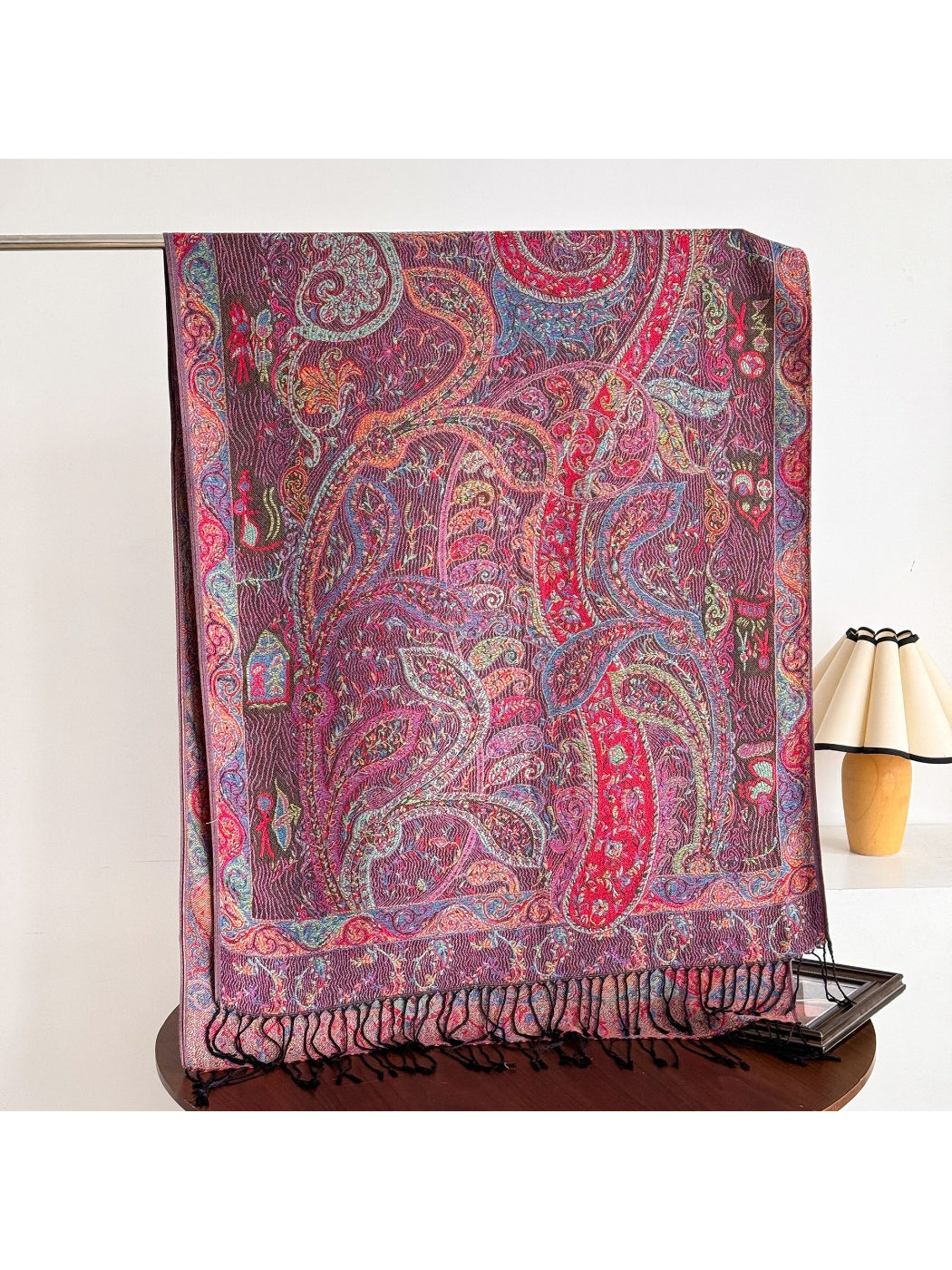 Bohemian paisley fringe shawl styled with casual outfit