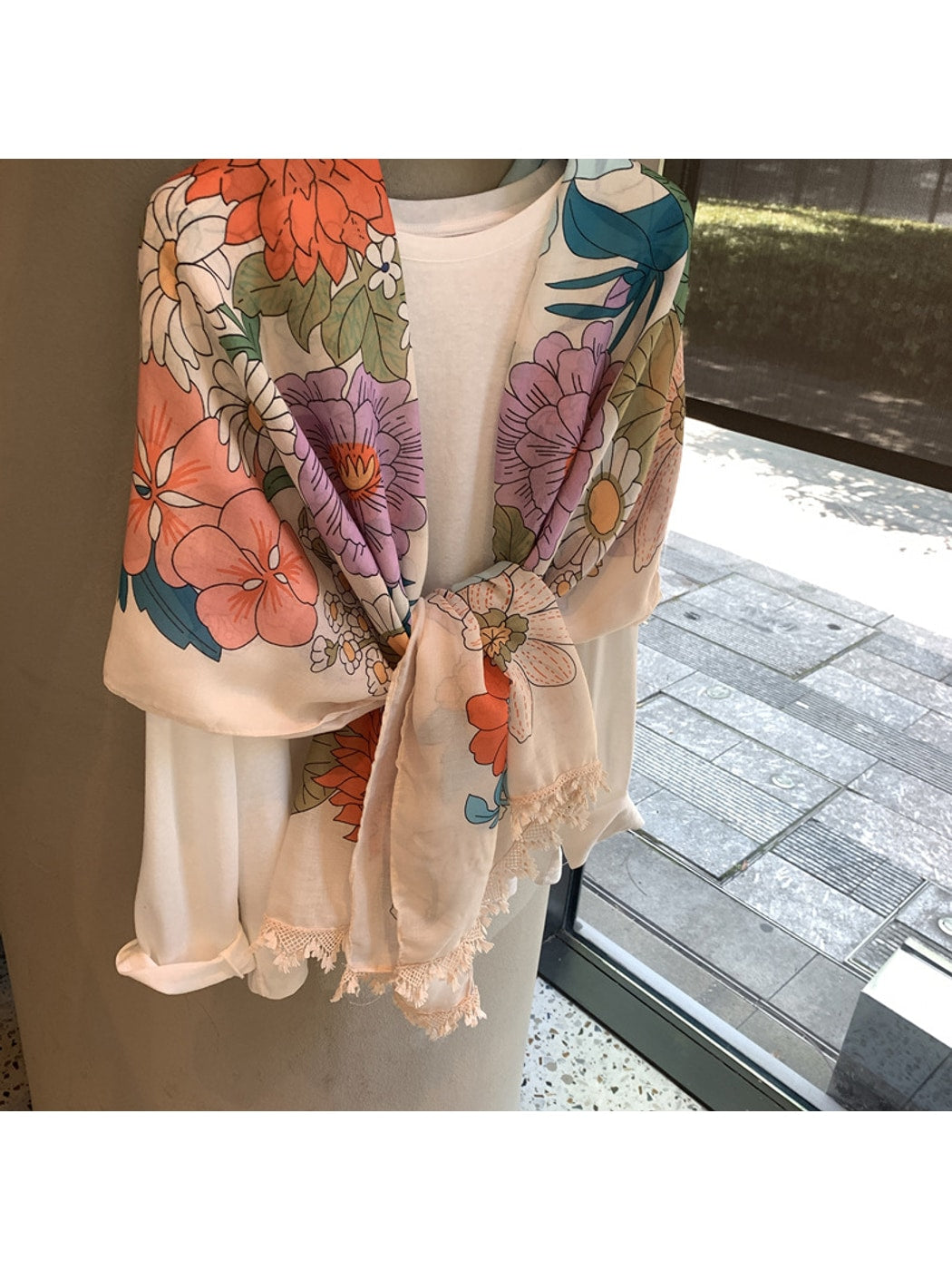 Scarvii - Floral Print Draped Layering Shawl Scarf