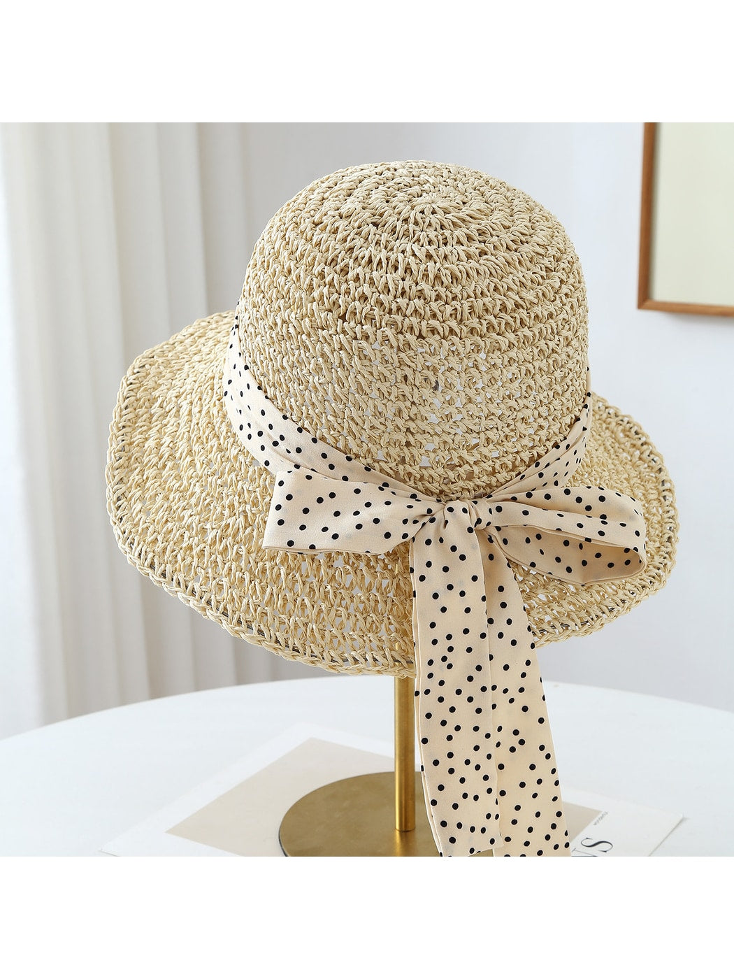 Haila - Polka Dot Bow Round Crown Women's Sun Hat