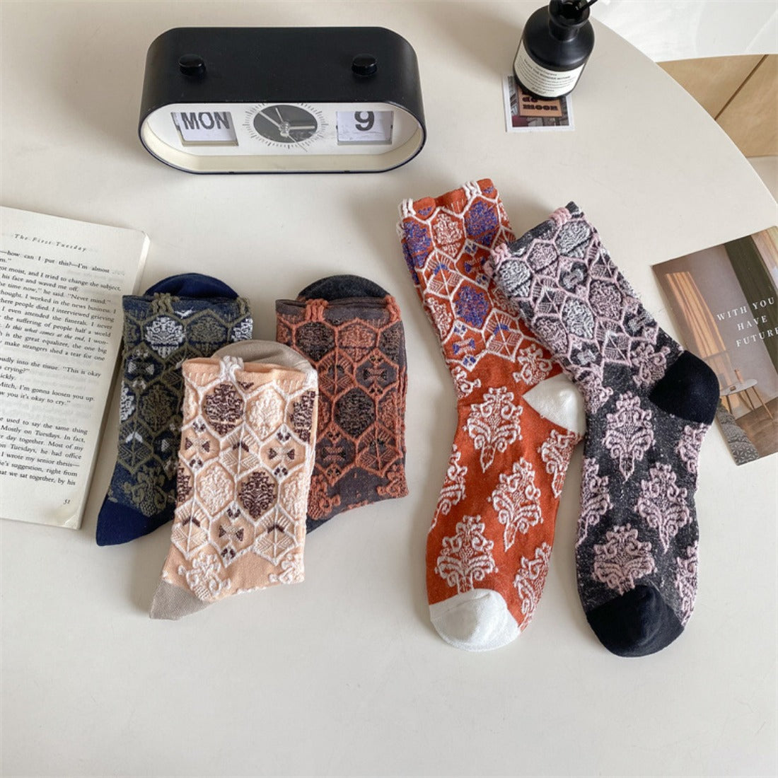 Rufia - Vintage Court Style Embossed Floral Mid-Calf Socks