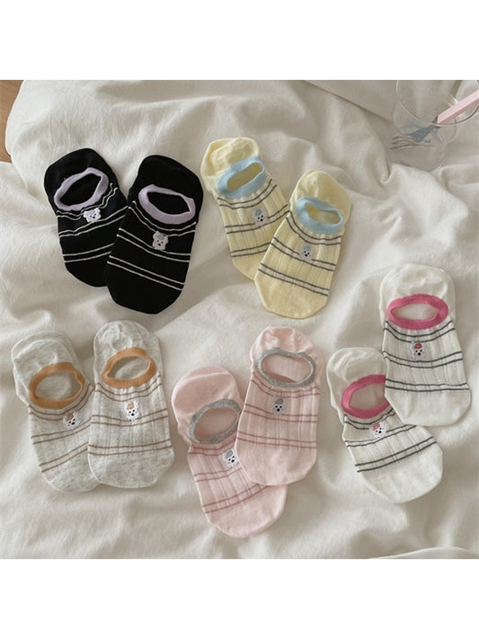 Rufia - Cute Dog Embroidered Stripe No Show Socks