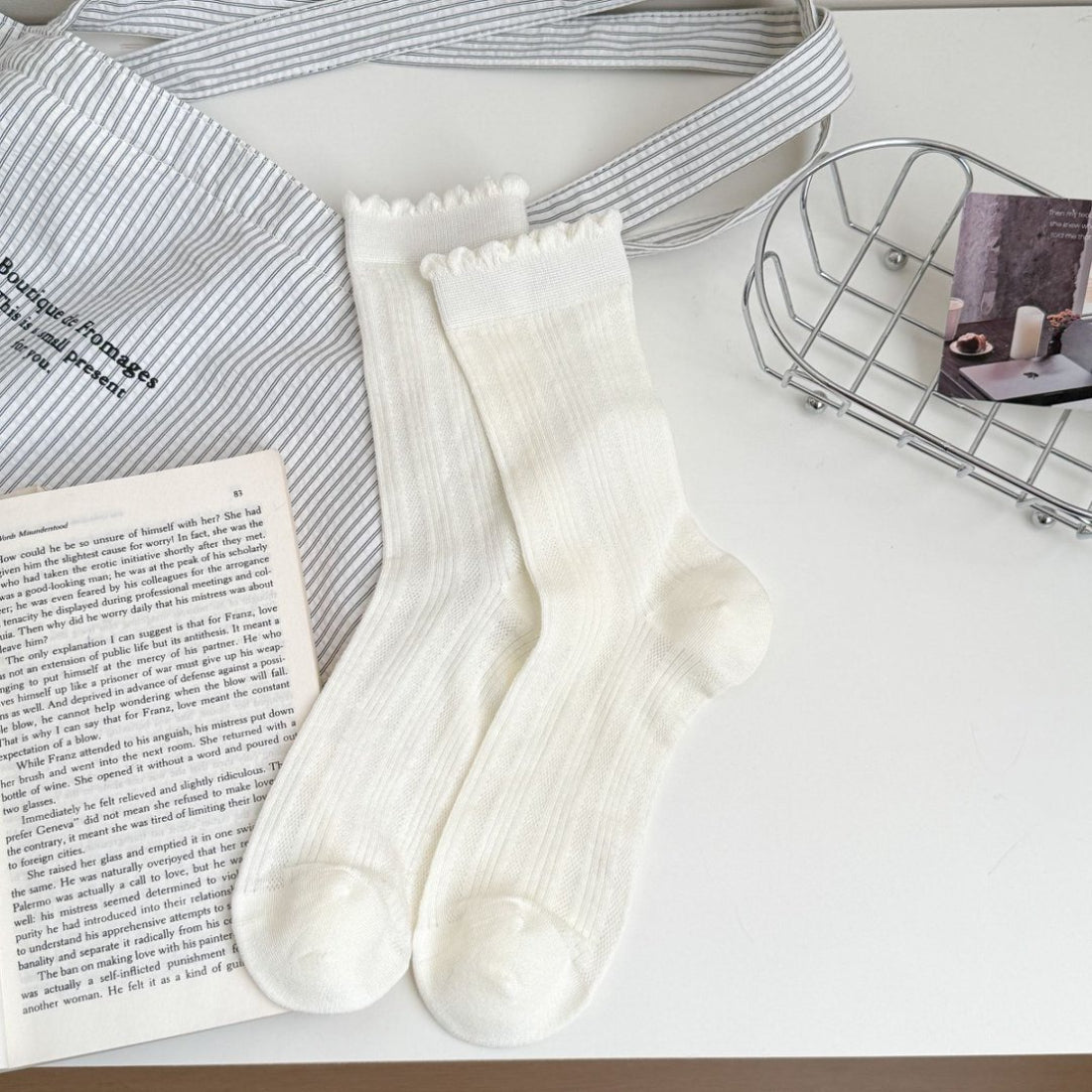 White ruffle trim crew socks styled with casual outfit