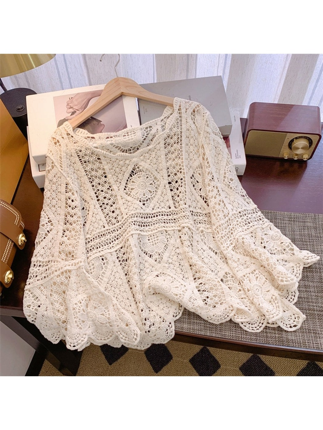 Crosa - Geometric Openwork Bell Pullover Top