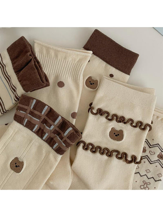 Rufia - Brown Cute Bear Pattern Crew Socks