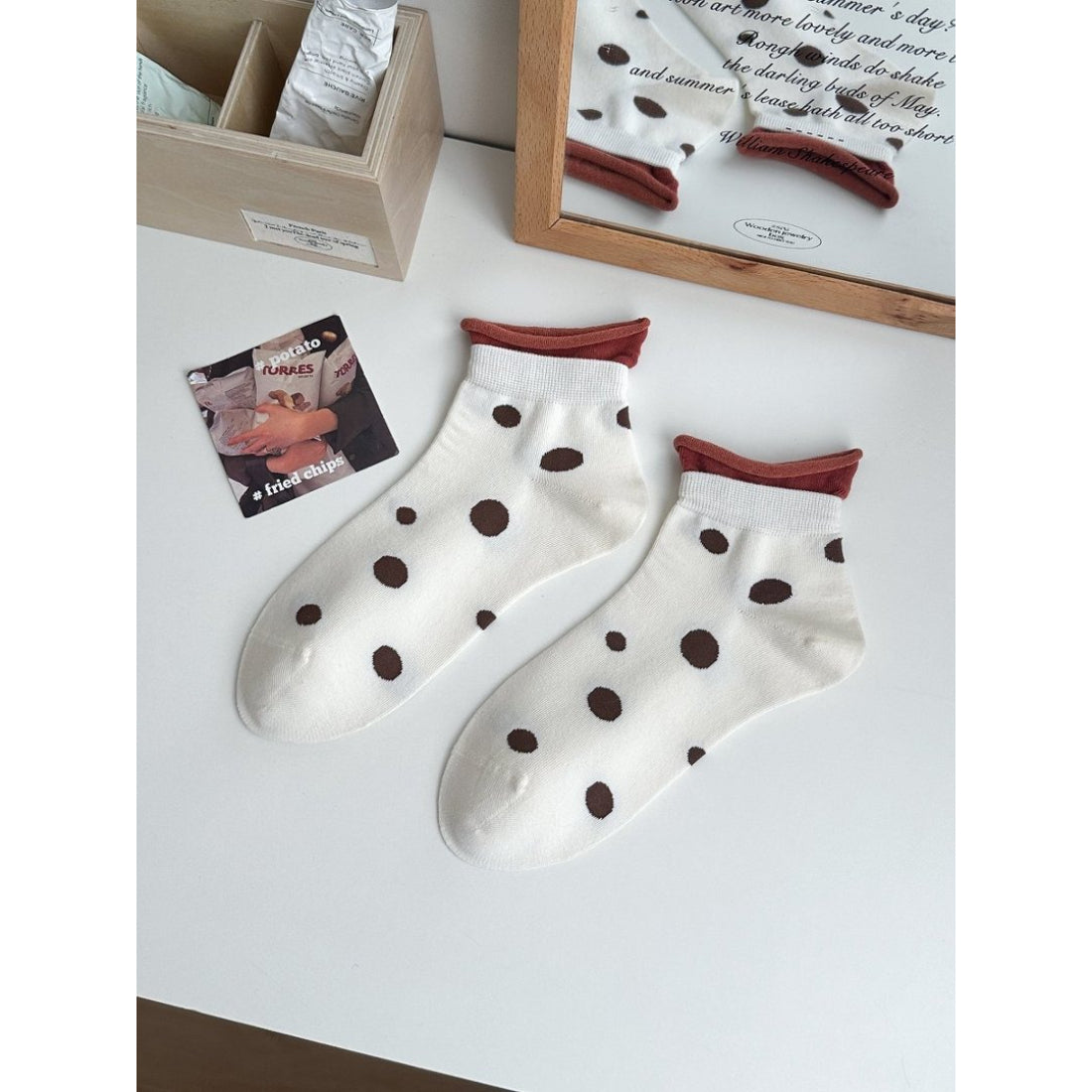 Rufia Soft Spot Pattern Crew Socks in packaging with brand label visible