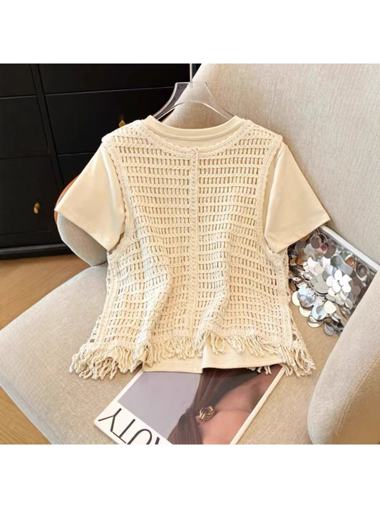 Crosa - Open Front Sequin Hollow Out Knit Fringe Vest