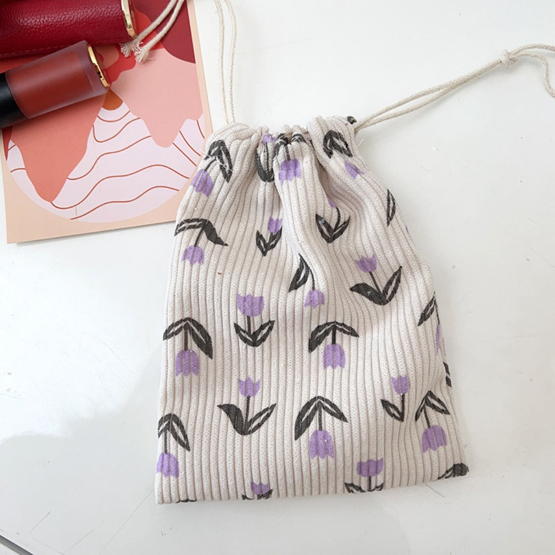 Cosbai - Floral Corduroy Drawstring Pouch