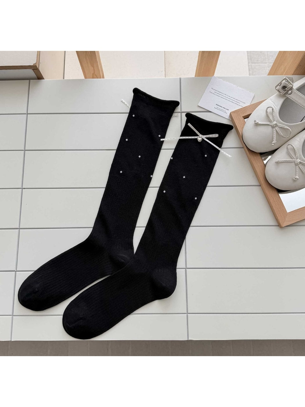 Rufia - Polka Dot Ribbon Bow Rolled Cuffs Knee High Socks