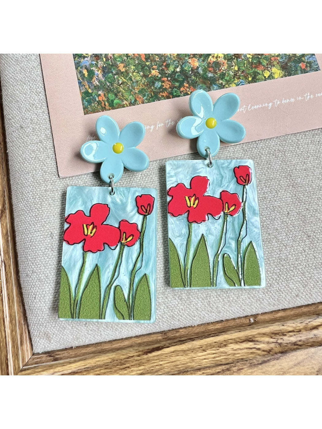 Earwish Painted Flower Drop Earrings with detailed floral painting and silver hooks