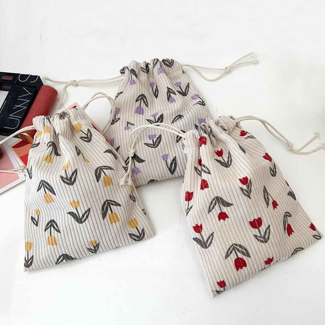 Cosbai - Floral Corduroy Drawstring Pouch