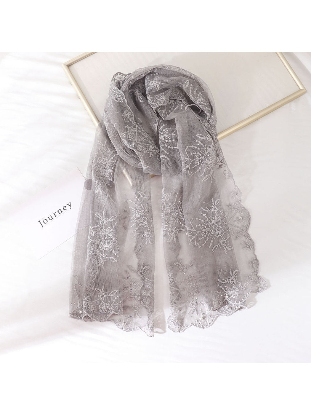 Scarvii - Floral Embroidered Sheer Long Neck Scarf