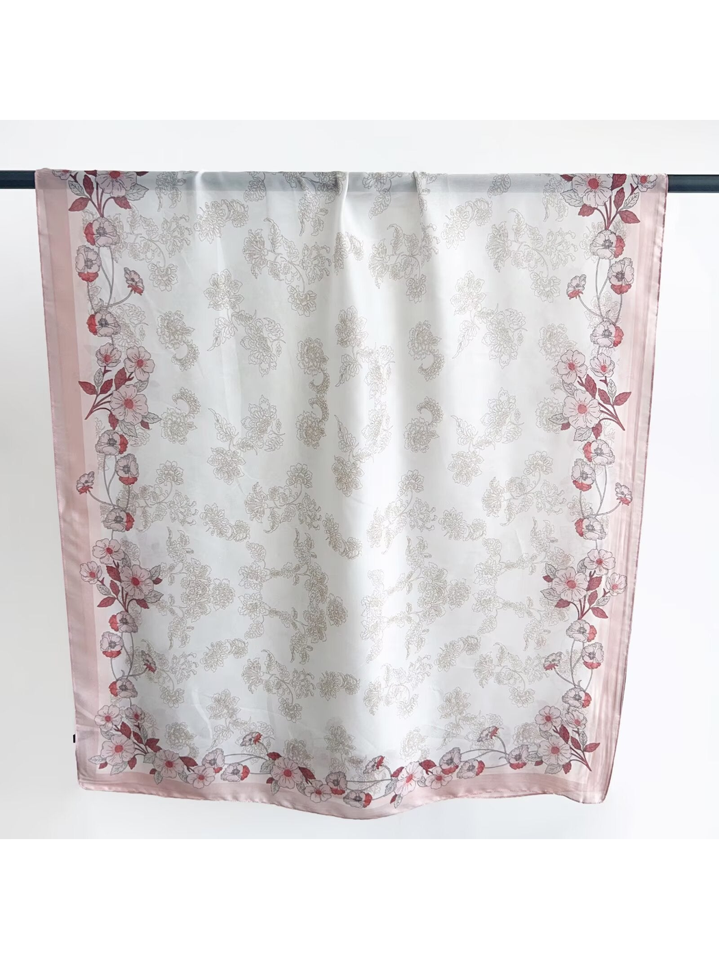 Pink Border scarf with a floral botanical print, full view