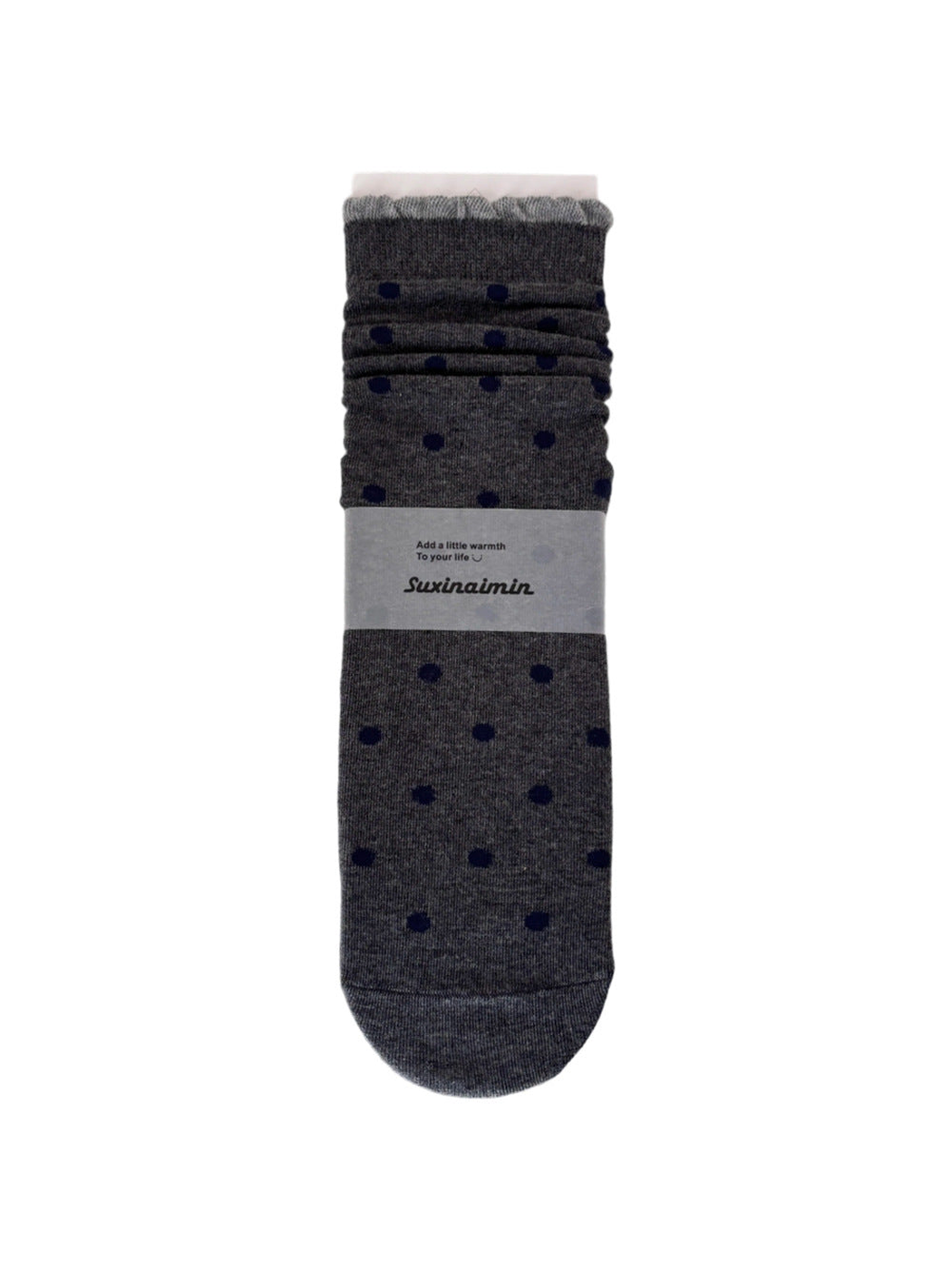 Dark Gray socks with navy polka dots and light gray ruffled cuff trim.