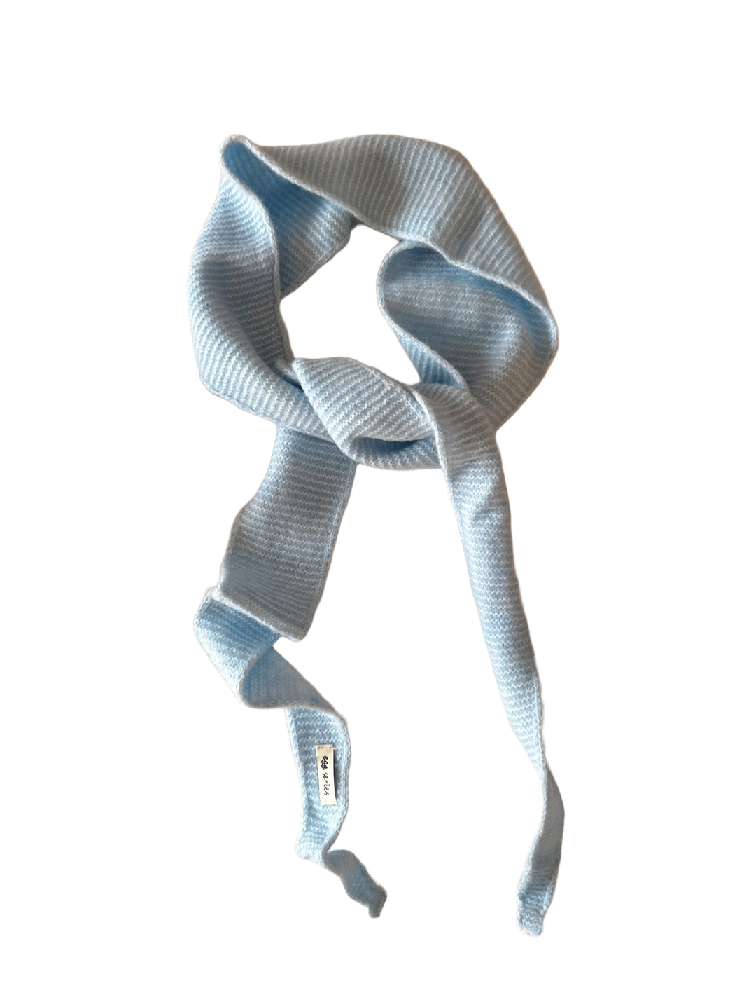 Light blue textured narrow scarf with tapered ends arranged in a loose knot